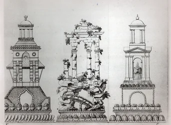Ontwerpen voor banketversieringen uit «Le Pâtissier Royal parisien» van Carême, plaat 28, Leipzig en Parijs, gepubliceerd in 1854